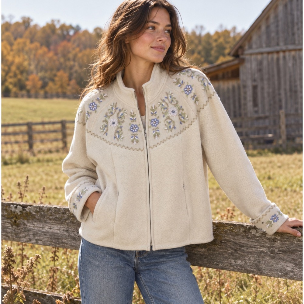 Icelandic Design Wool Zip Floral Embroidered Sweater Beige FLAW Granola Girl L